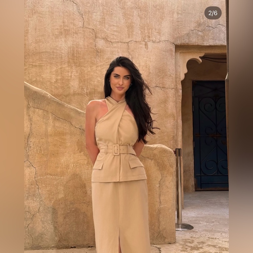 Zara Crossover Tan Beige Midi Halter Dress with Waist Belt